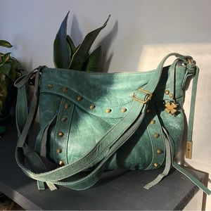 LUCKY BRAND HUNTER GREEN STUDDED LEATHER SHOULDER BAG